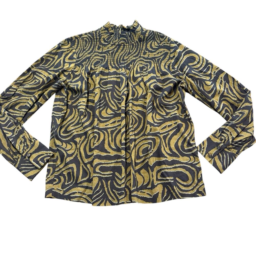 Scotch & Soda cotton blouse, olive/black swirl, smocking, high neck, Size M